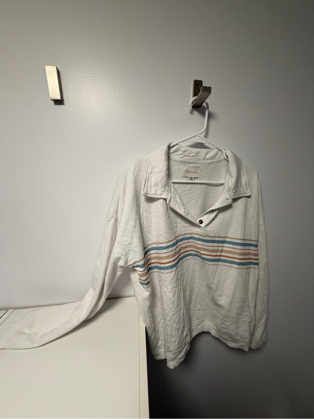 American Eagle Outfitters White Pullover with Blue and Tan Stripes